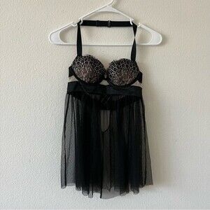 Victoria's Secret Black Tulle Babydoll Teddy Lingerie 32B